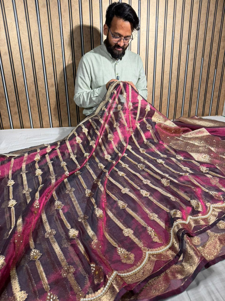 Magenta Scallop Tissue Silk Handwork Banarasi Saree