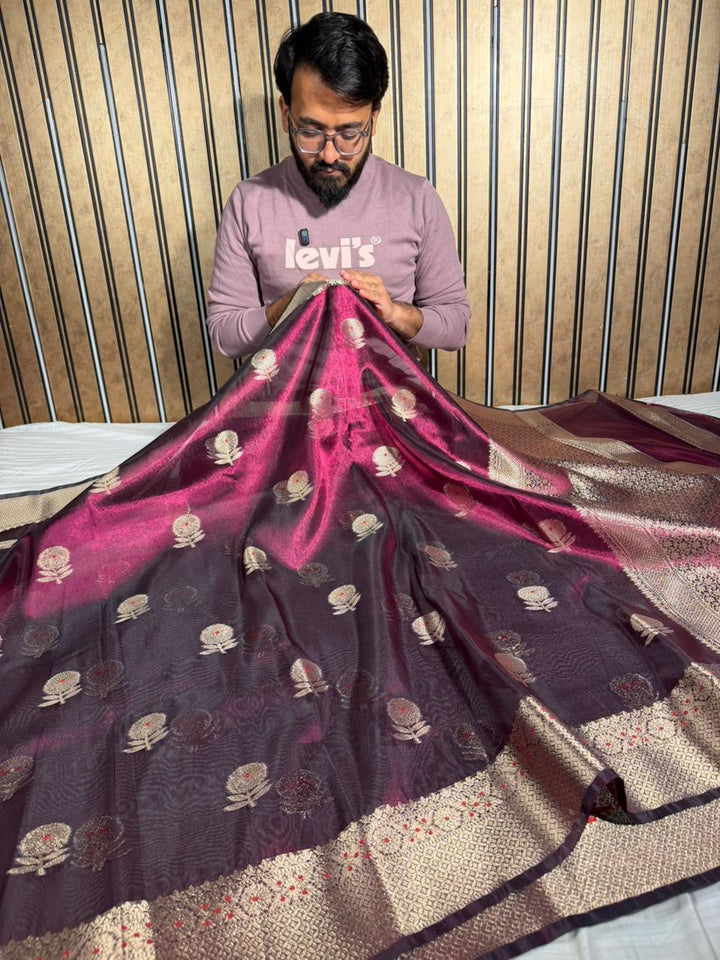 Majenta Violet Kora Tissue Sil Flower Buta Banarasi Saree 