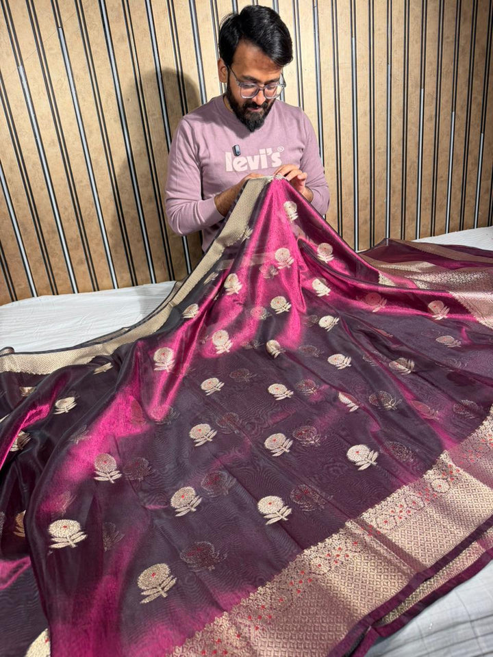 Majenta Violet Kora Tissue Sil Flower Buta Banarasi Saree 