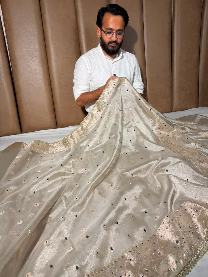 Majestic Mirror Work Kora Tissue Banarasi Saree