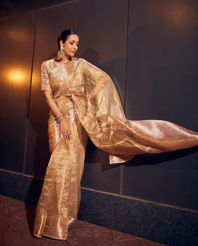 Malaika Arora Mam Inspired Pure Tissue Silk Saree with Rich Pallu and Blouse