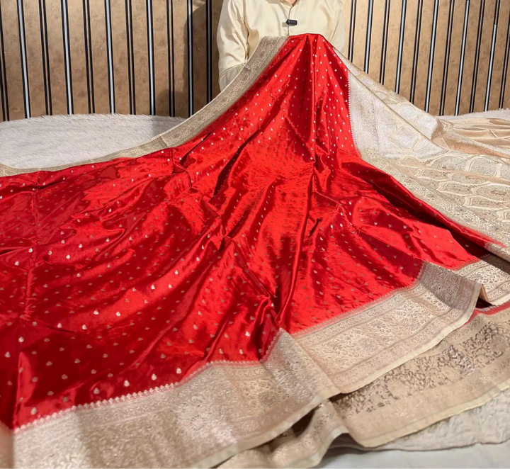 Maroon-Beige Mashru Katan Silk Zari Buti Weave Banarasi Saree