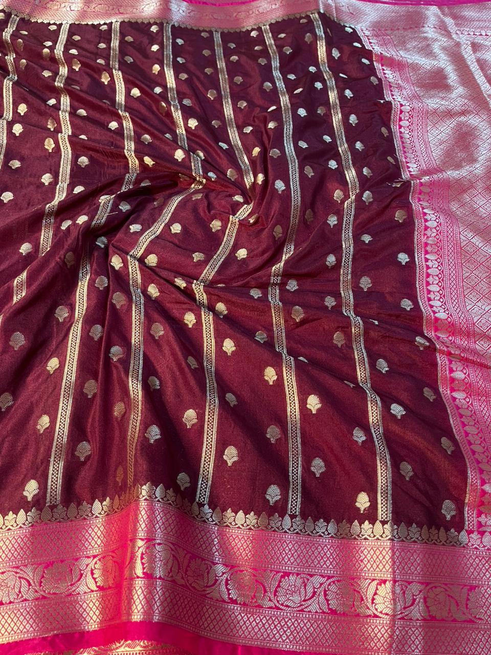 Maroon Contrast Chinia Silk Traditional Banarasi Saree