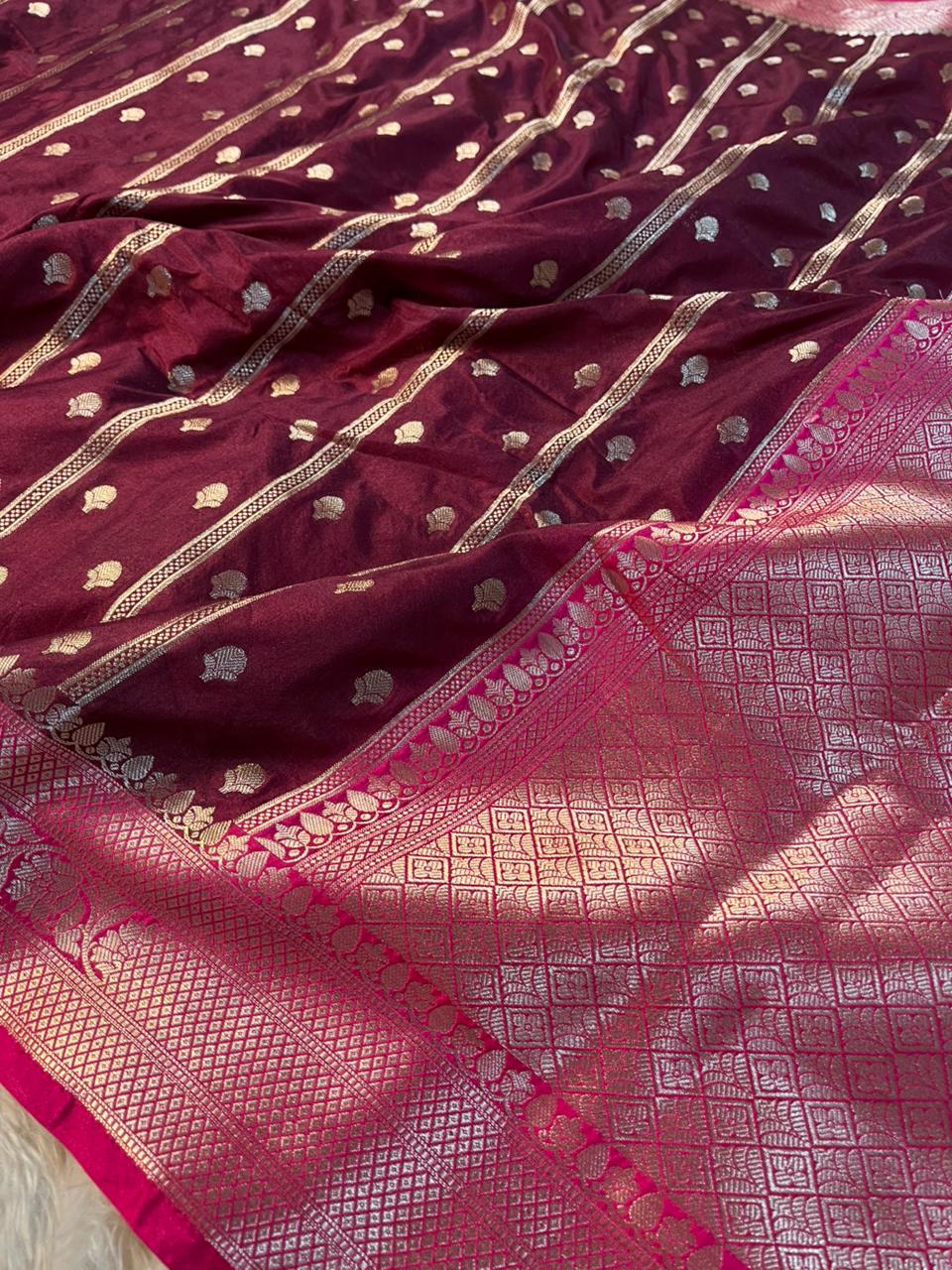 Maroon Contrast Chinia Silk Traditional Banarasi Saree