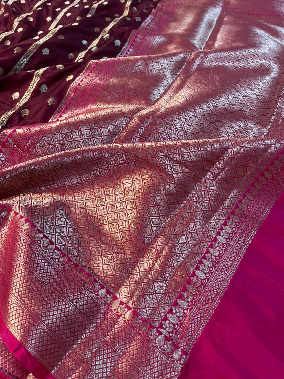 Maroon Contrast Chinia Silk Traditional Banarasi Saree