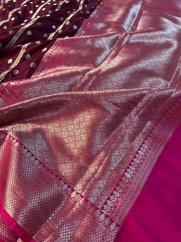 Maroon Contrast Chinia Silk Traditional Banarasi Saree