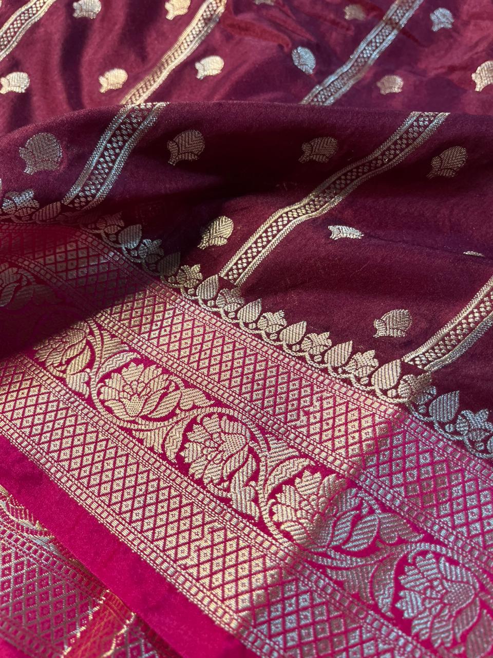 Maroon Contrast Chinia Silk Traditional Banarasi Saree