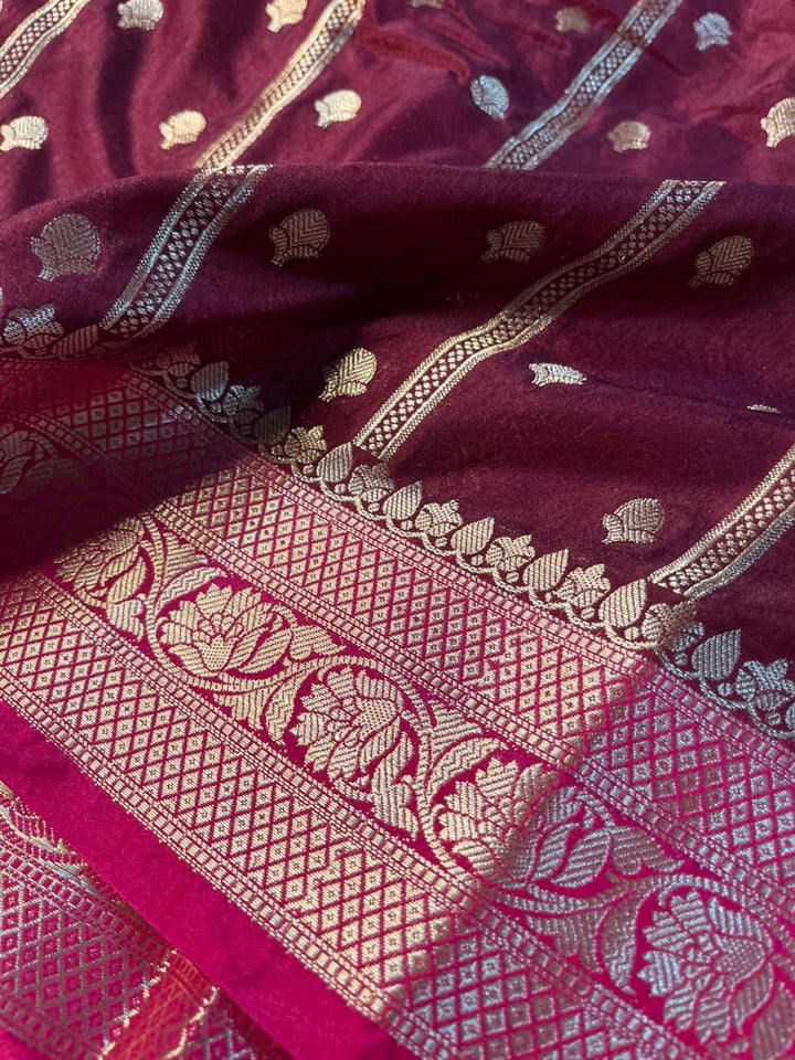 Maroon Contrast Chinia Silk Traditional Banarasi Saree