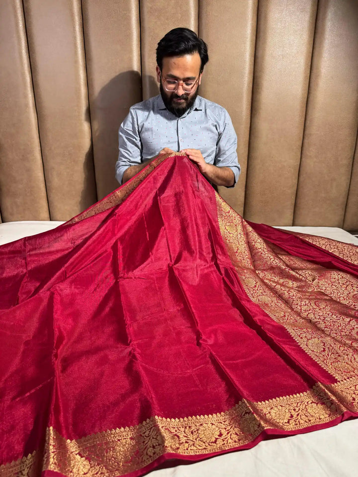 Maroon Mysore Crepe Silk Zari Floral Banarasi Saree