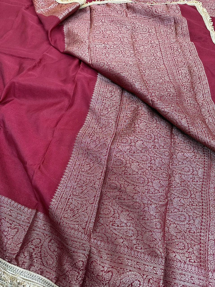 Maroon Mysore Silk Designer Lace Attached Banarasi Saree