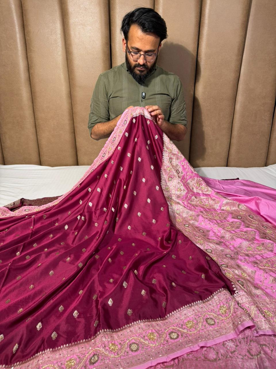 Maroon Pink Mashru Katan Premium Handwork Saree