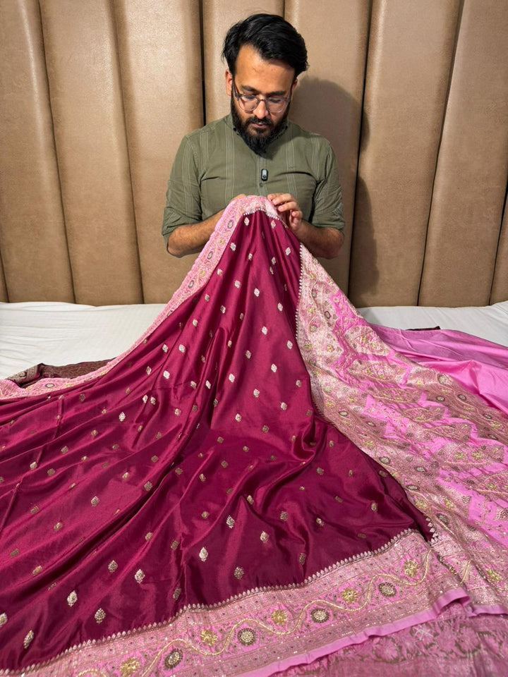 Maroon Pink Mashru Katan Premium Handwork Saree