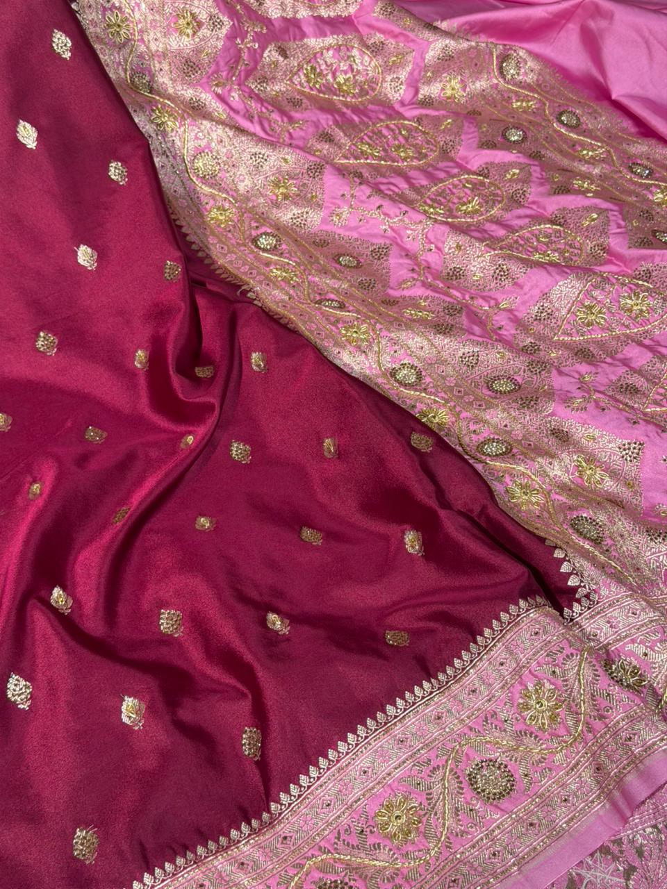 Maroon Pink Mashru Katan Premium Handwork Saree