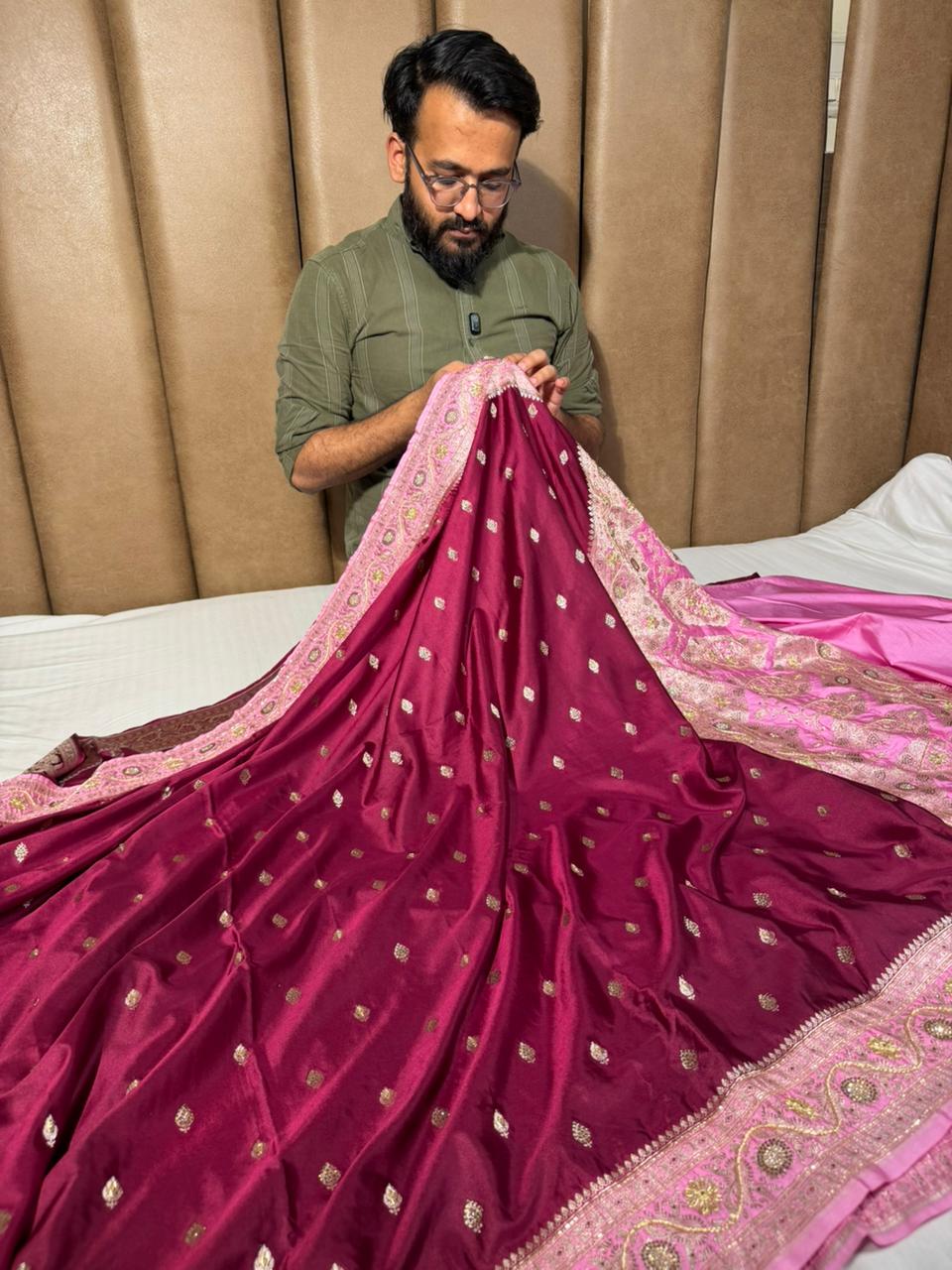 Maroon Pink Mashru Katan Premium Handwork Saree