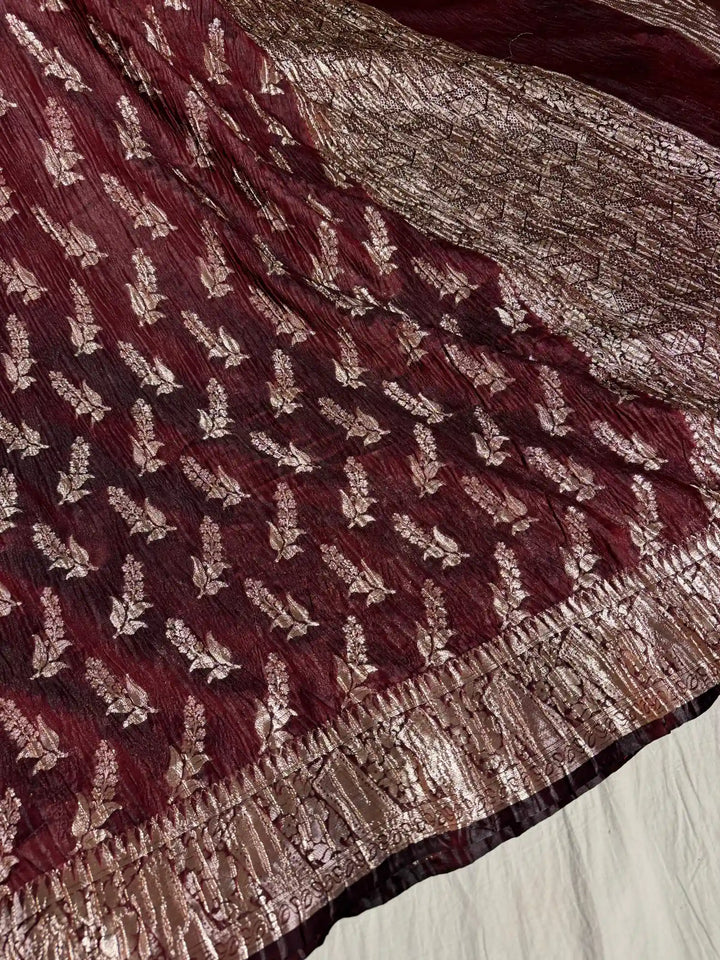 Dark Maroon Premium Banarasi Vertical Crush Saree with Rich Pallu and Blouse