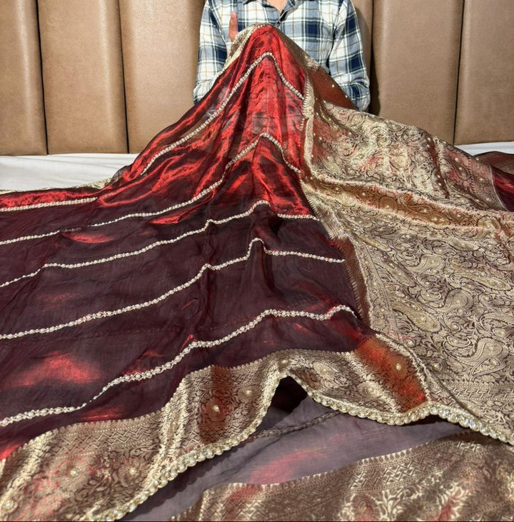 Maroon Pure Tissue Silk Pearl Handwork Saree