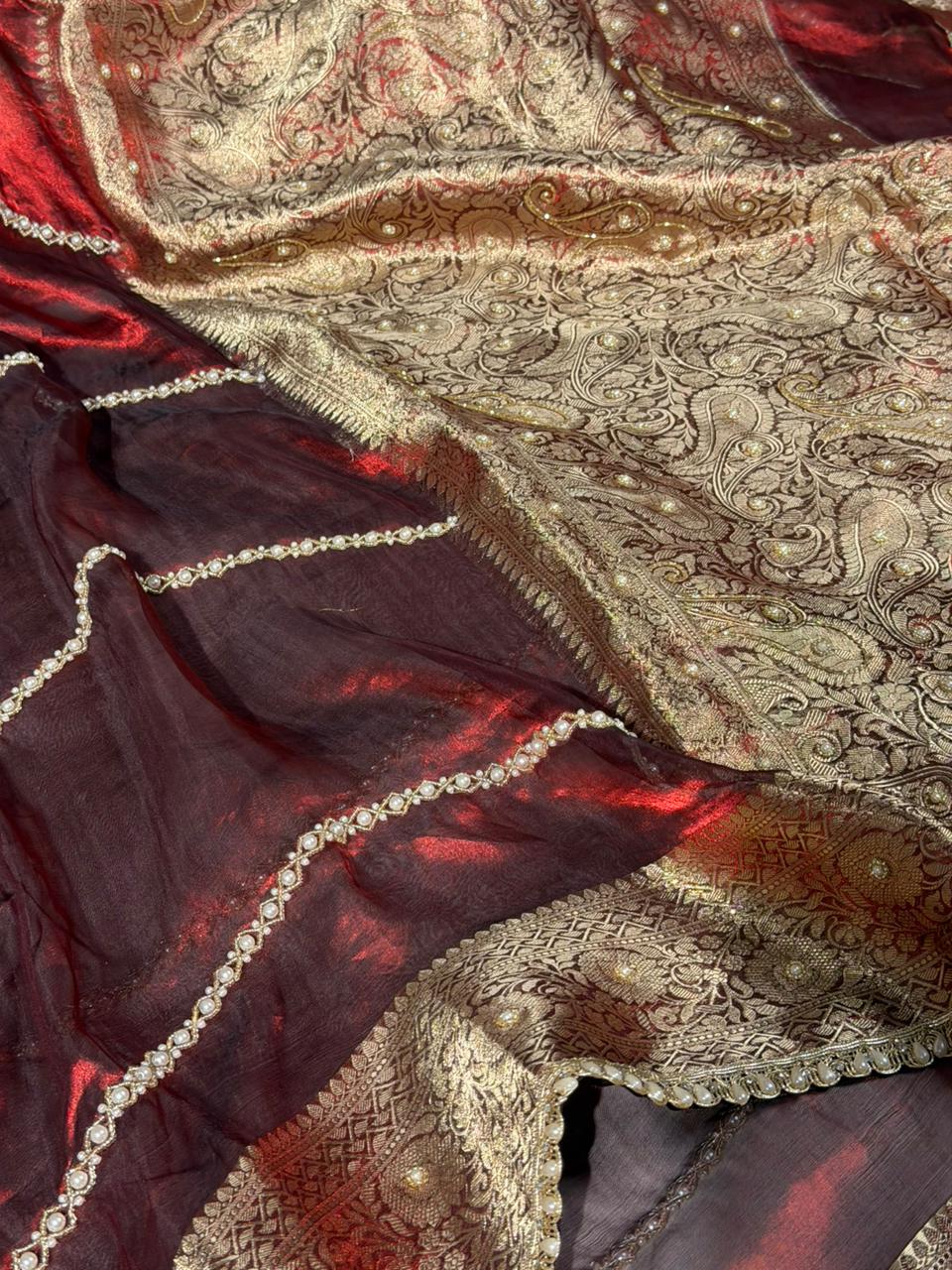 Maroon Pure Tissue Silk Pearl Handwork Saree