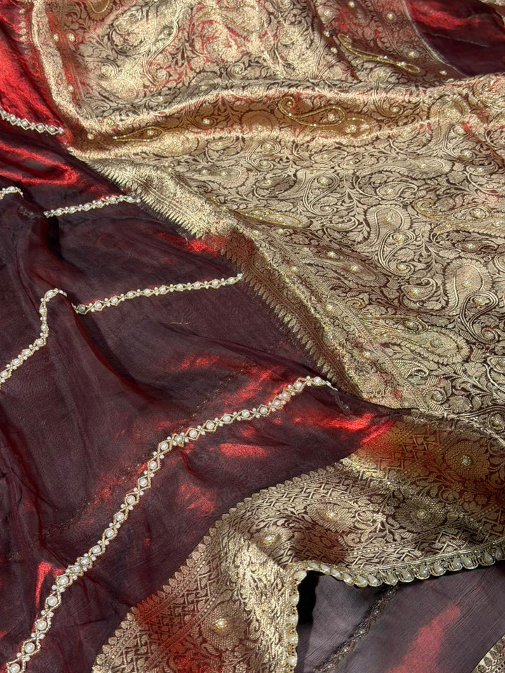 Maroon Pure Tissue Silk Pearl Handwork Saree