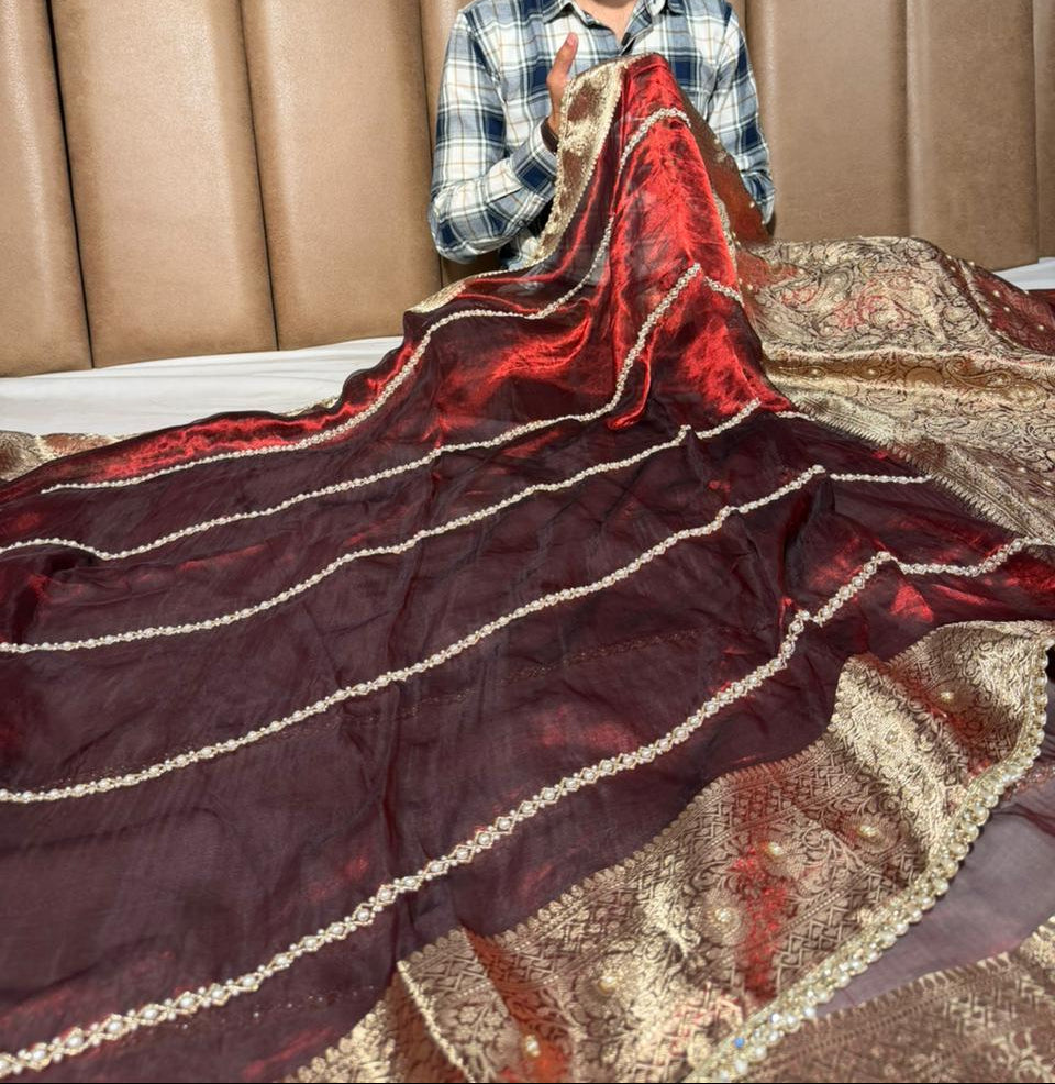 Maroon Pure Tissue Silk Pearl Handwork Saree