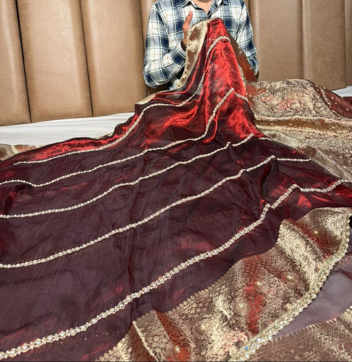 Maroon Pure Tissue Silk Pearl Handwork Saree