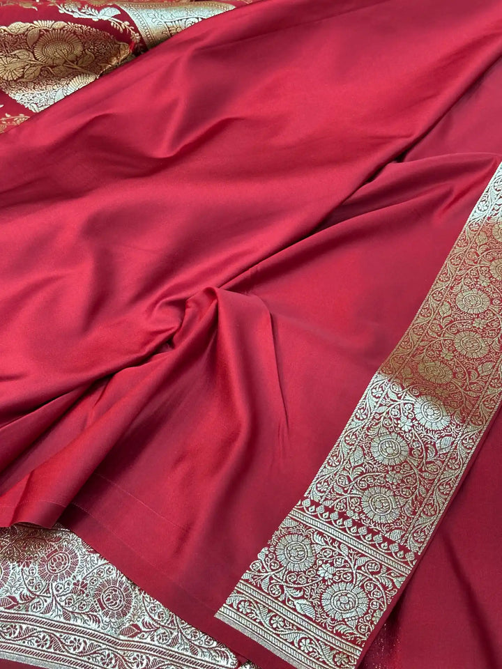 Maroon Satin Silk Saree with Rich Texture Design and Classical Pallu