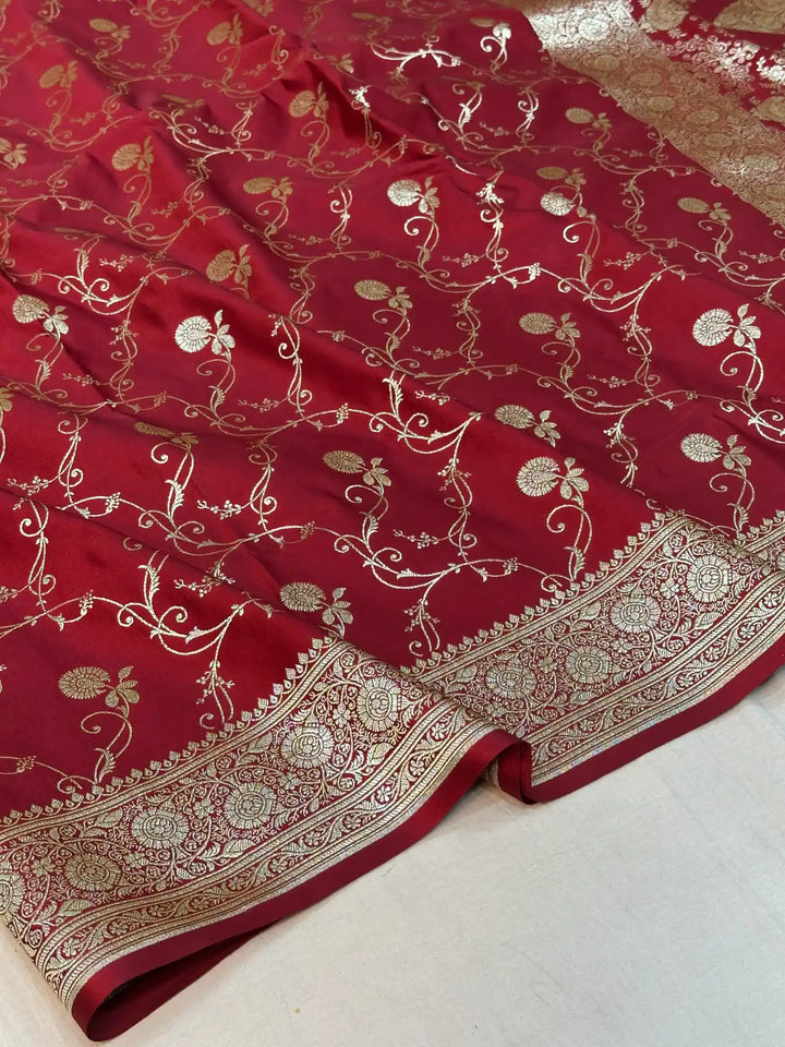 Maroon Satin Silk Saree with Rich Texture Design and Classical Pallu