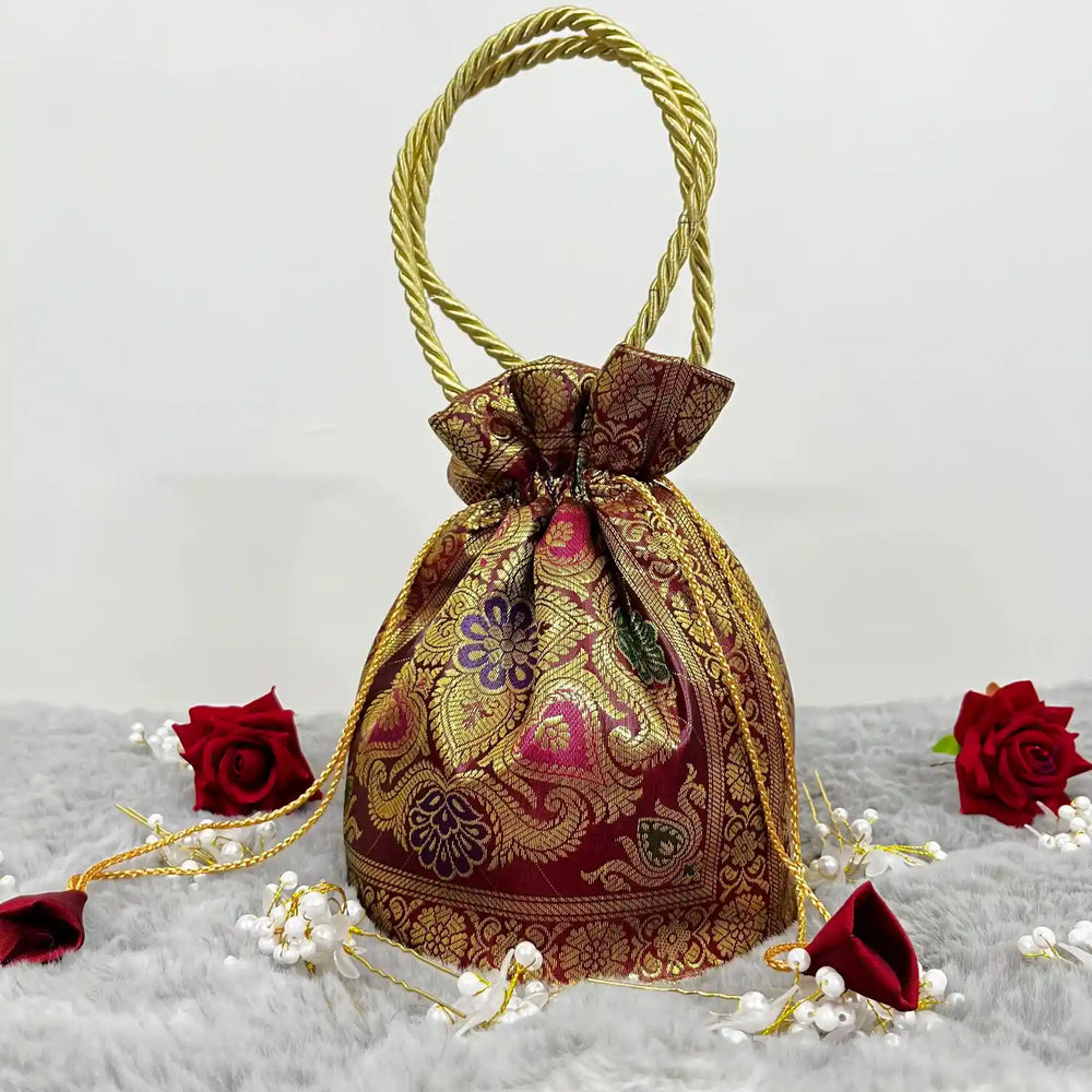 Maroon Shade Banarasi Potli Bags