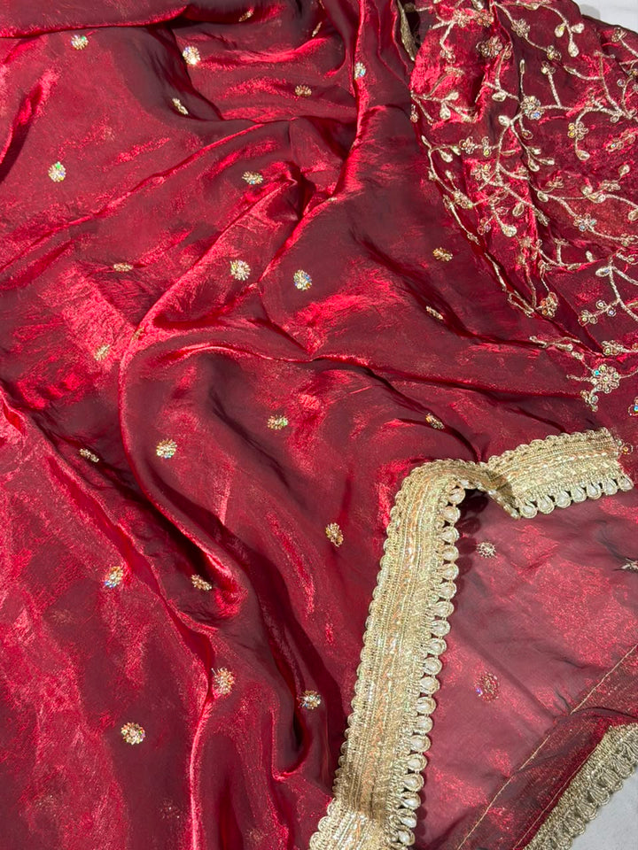 Maroon Shimmery Tissue Silk Embroidered Lace Work Saree
