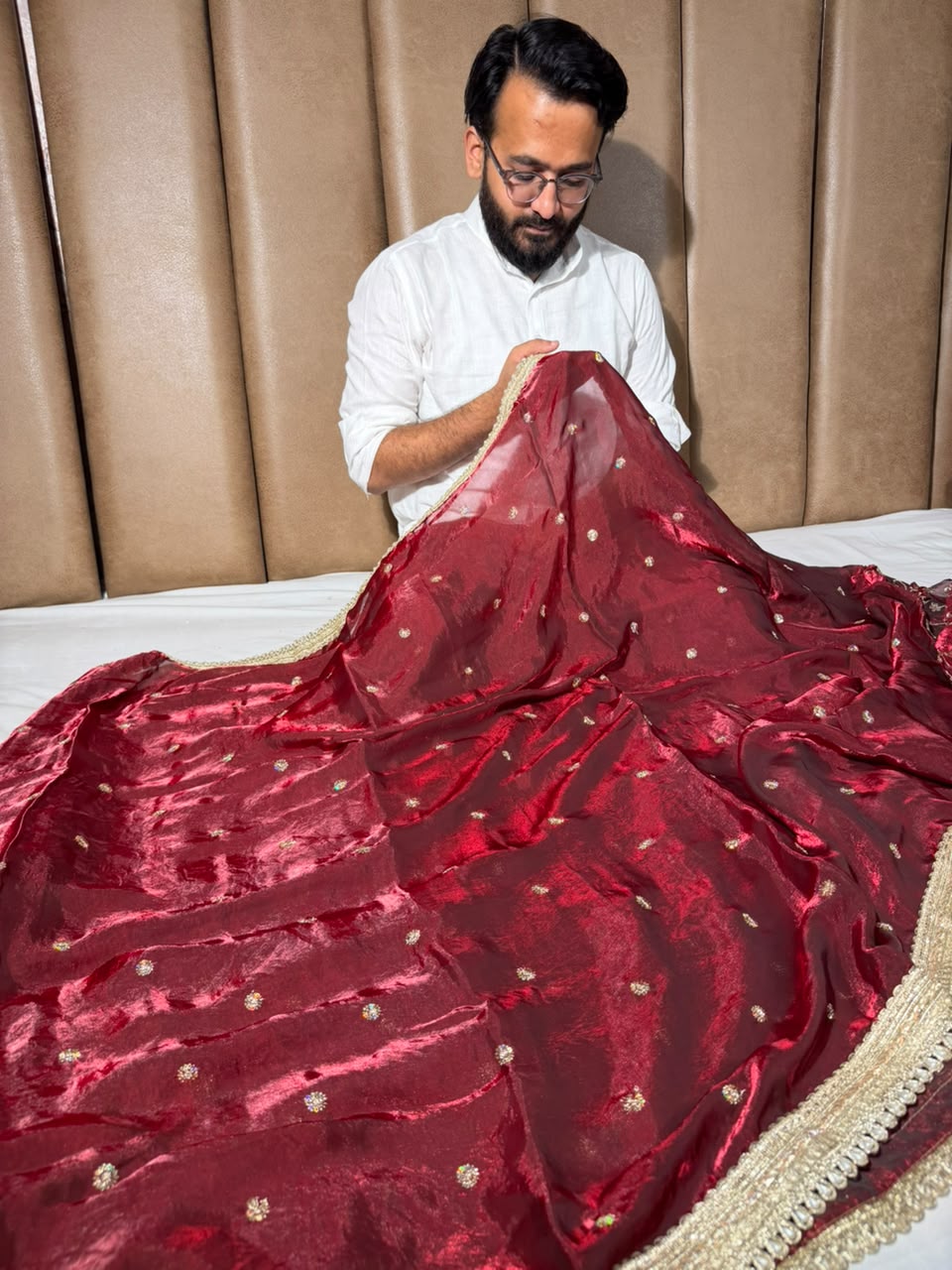 Maroon Shimmery Tissue Silk Embroidered Lace Work Saree