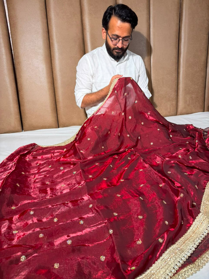 Maroon Shimmery Tissue Silk Embroidered Lace Work Saree