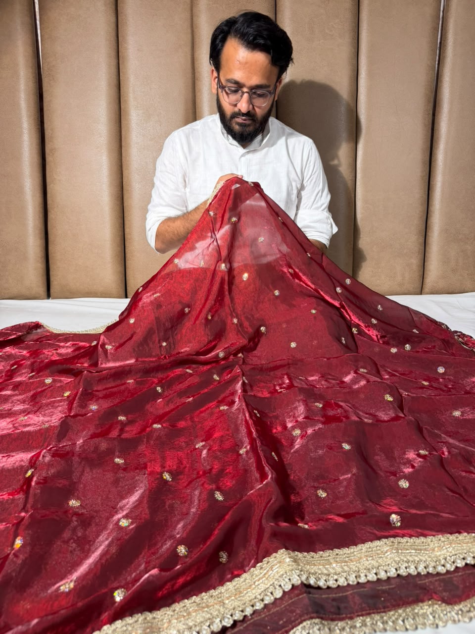 Maroon Shimmery Tissue Silk Embroidered Lace Work Saree