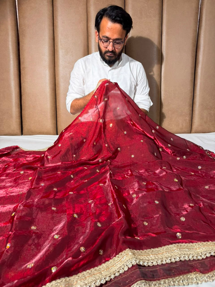 Maroon Shimmery Tissue Silk Embroidered Lace Work Saree