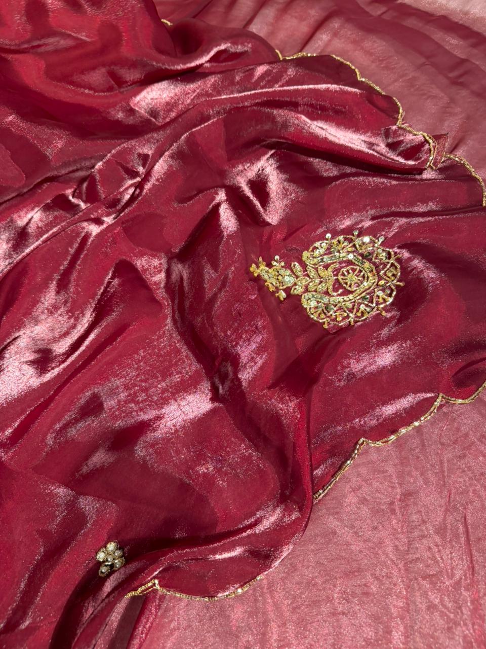 Maroon Shimmery Tissue Silk Handwork Saree