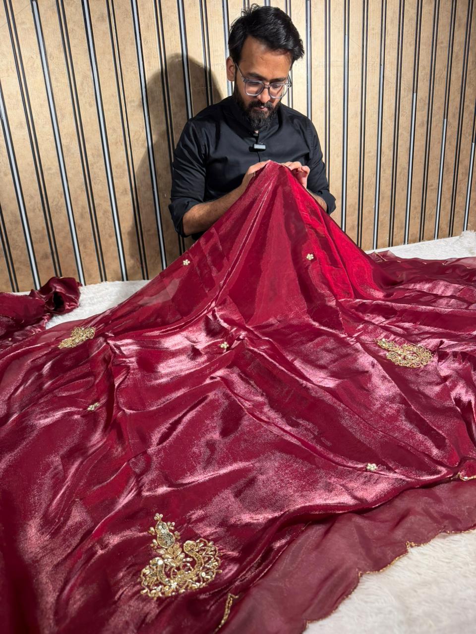 Maroon Shimmery Tissue Silk Handwork Saree