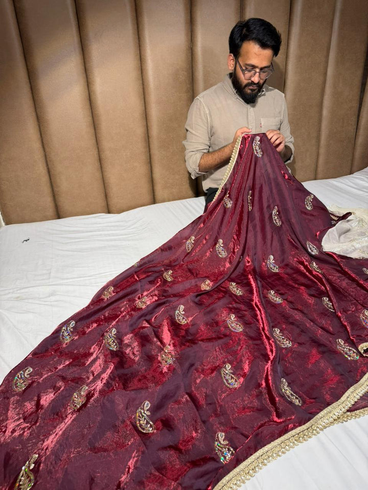 Maroon Shade Shimmery Tissue Silk Handwork Saree