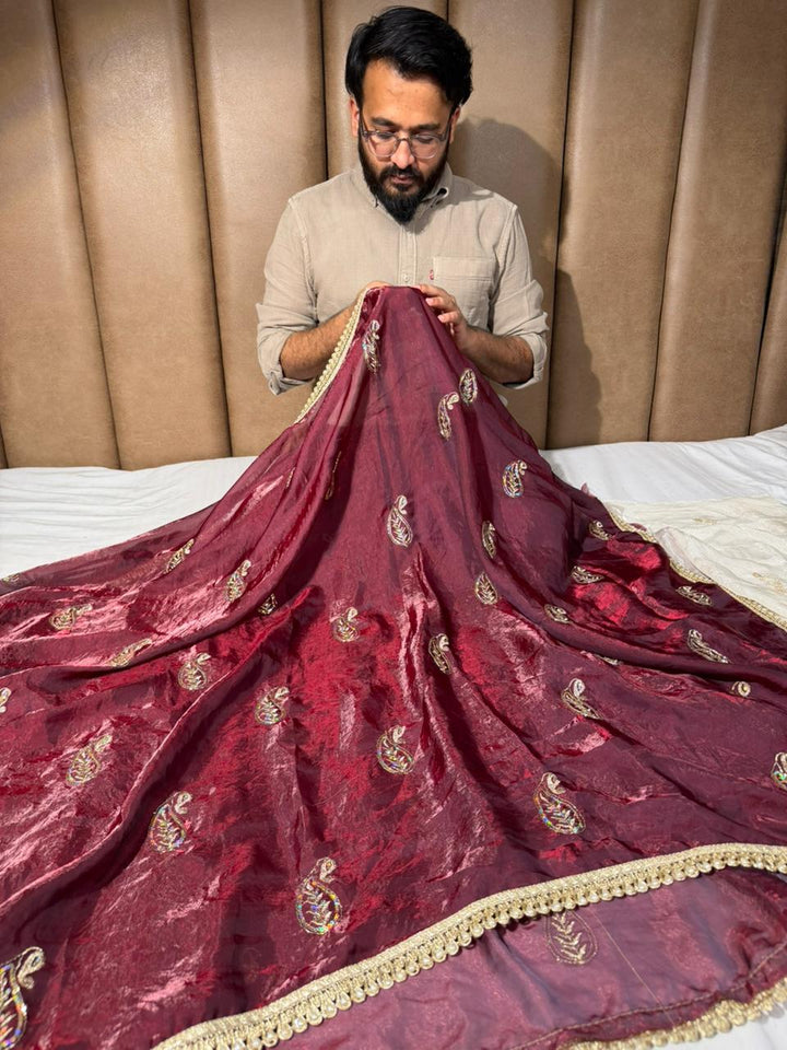 Maroon Shade Shimmery Tissue Silk Handwork Saree