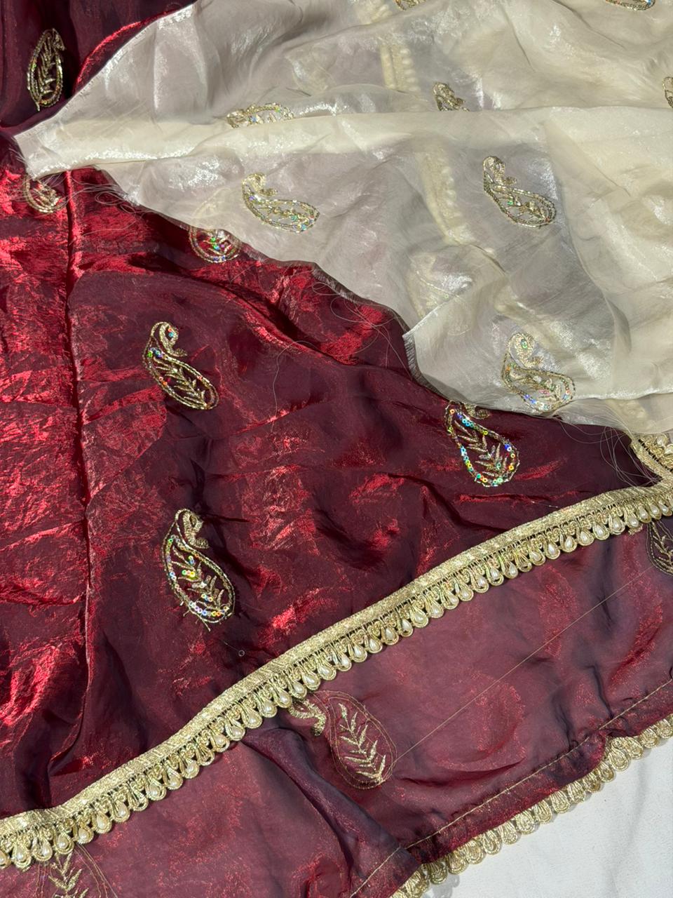 Maroon Shade Shimmery Tissue Silk Handwork Saree