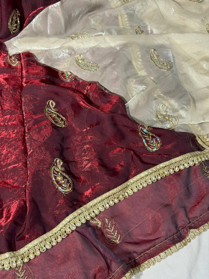Maroon Shade Shimmery Tissue Silk Handwork Saree