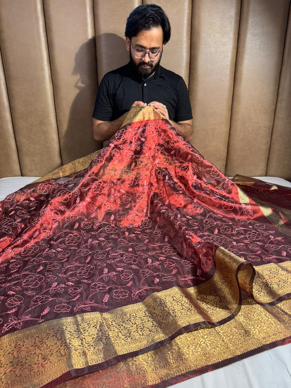 Maroon Tissue Silk Chikankari Embossed Banarasi Saree