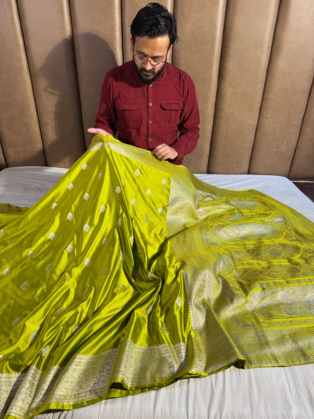 Mehandi Green Mashru Katan Silk Buti Saree