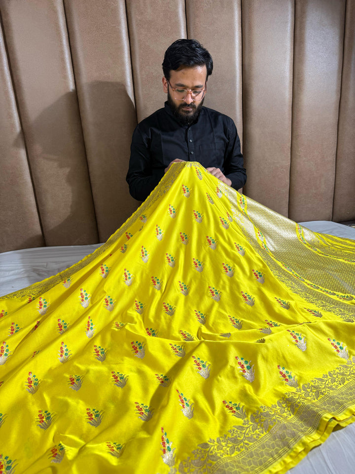 Bright Yellow Mashru Katan Silk Saree