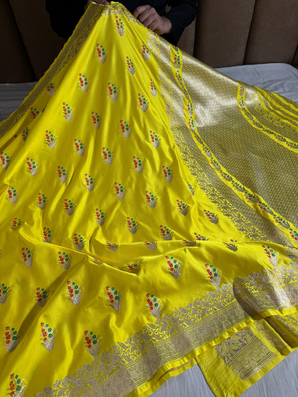 Bright Yellow Mashru Katan Silk Saree