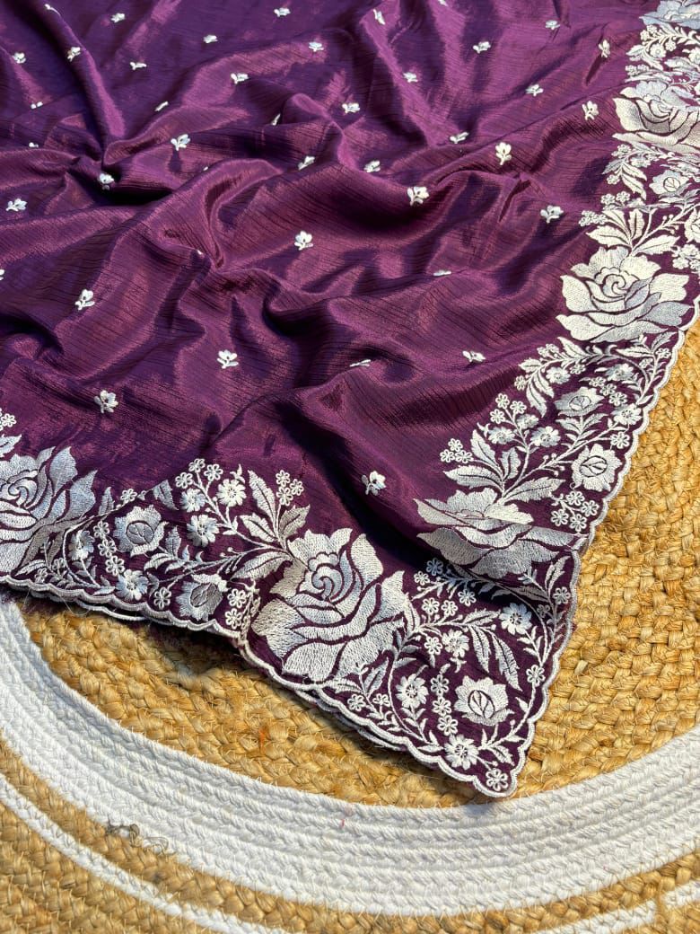 Mashru Katan Silk Saree with Fancy Embroidery Work and Lace Work