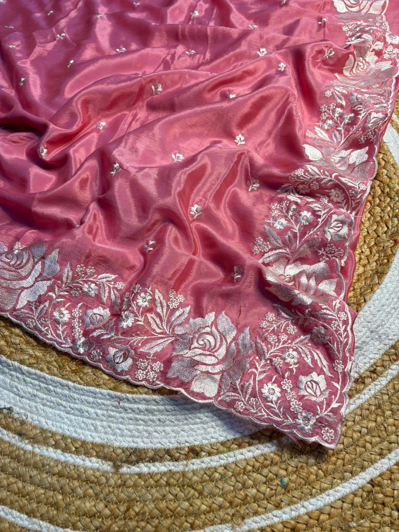 Mashru Katan Silk Saree with Fancy Embroidery Work and Lace Work