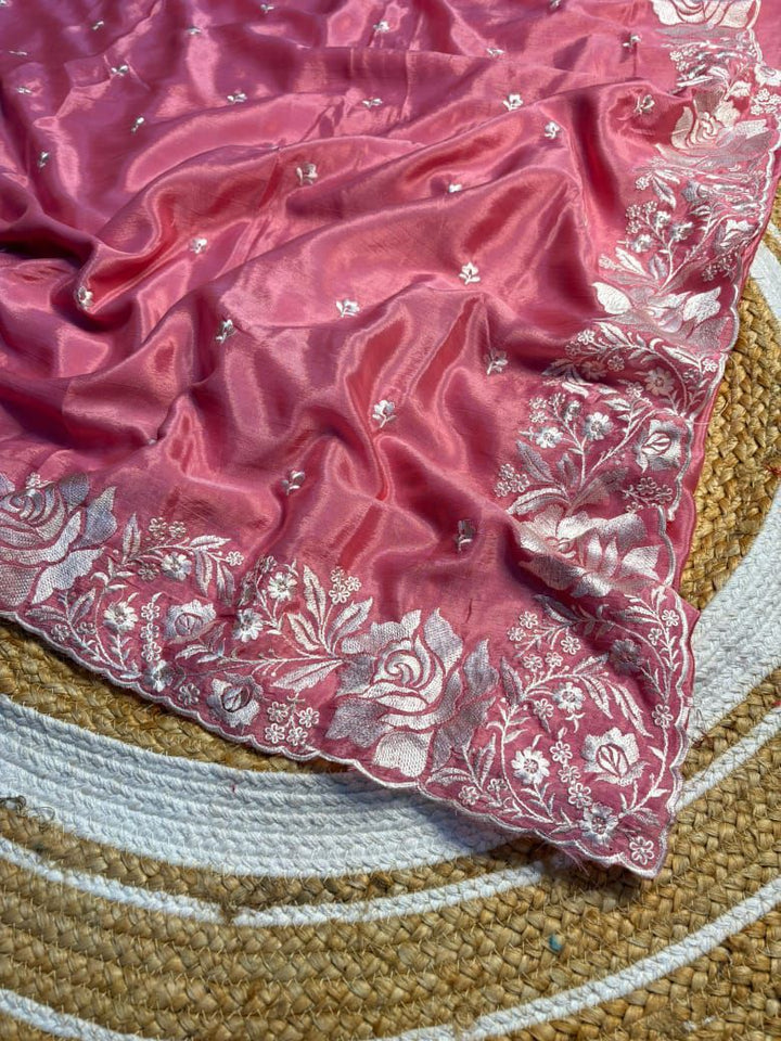 Mashru Katan Silk Saree with Fancy Embroidery Work and Lace Work