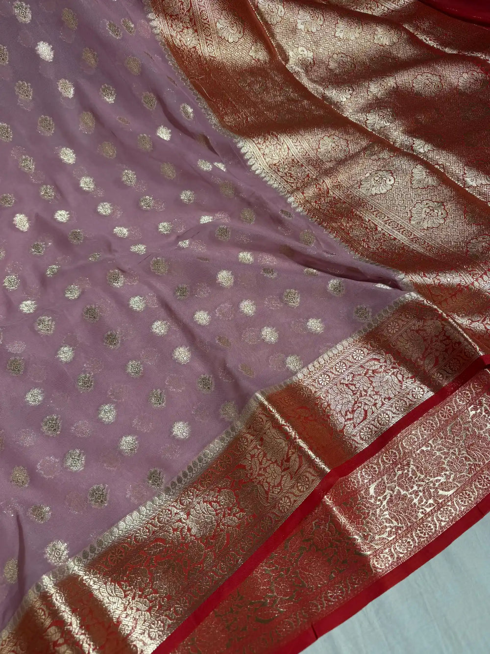Mauve Banarasi Khaddi Shiffon Silk Saree with rich pallu and blouse