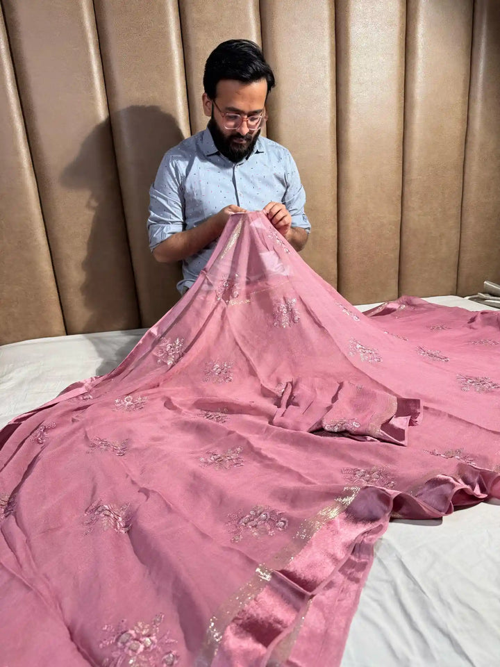 Mauve Peach Banarasi Georgette Silk Saree with Thread Sequence Work