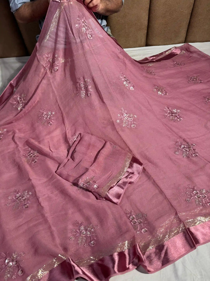 Mauve Peach Banarasi Georgette Silk Saree with Thread Sequence Work