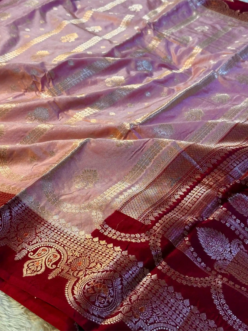 Mauve Peach Chinia Silk Meena Buta Banarasi Saree
