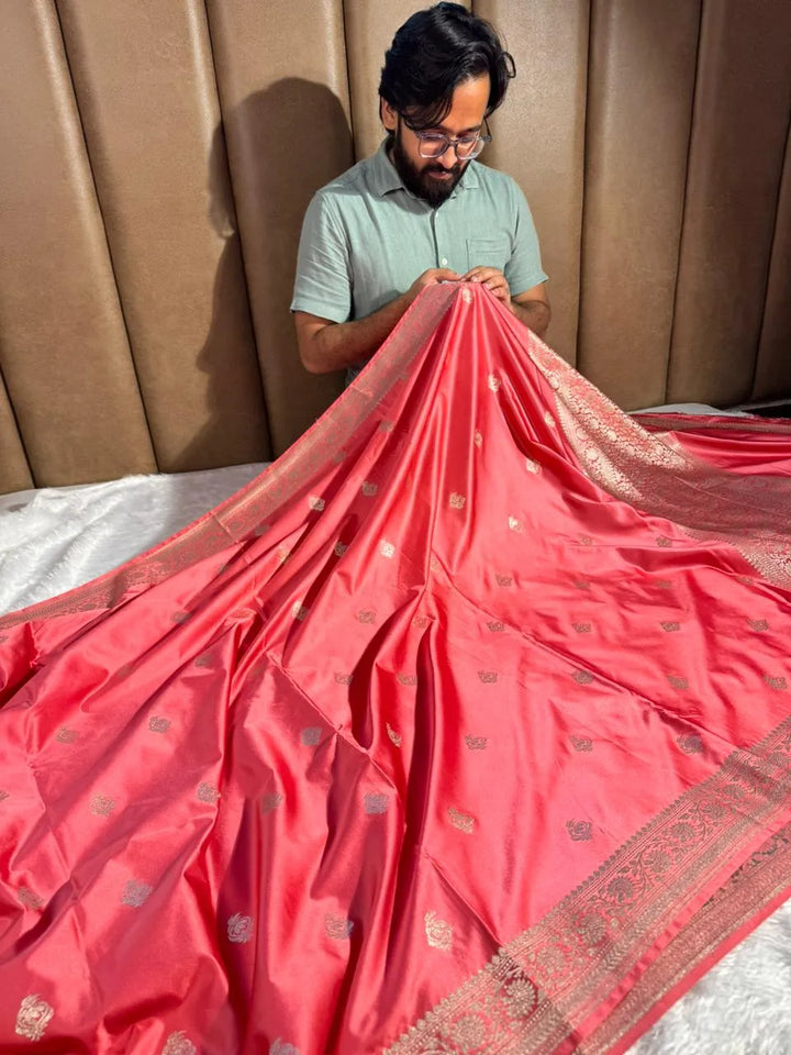 Mauve Peach Mashru Katan Silk Buta Work Banarasi Saree